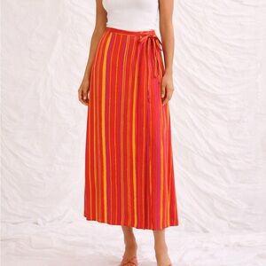 Vintage Ann May 100% Silk Wrap Skirt Red Pink Yellow Striped Midi Size 8 Artsy